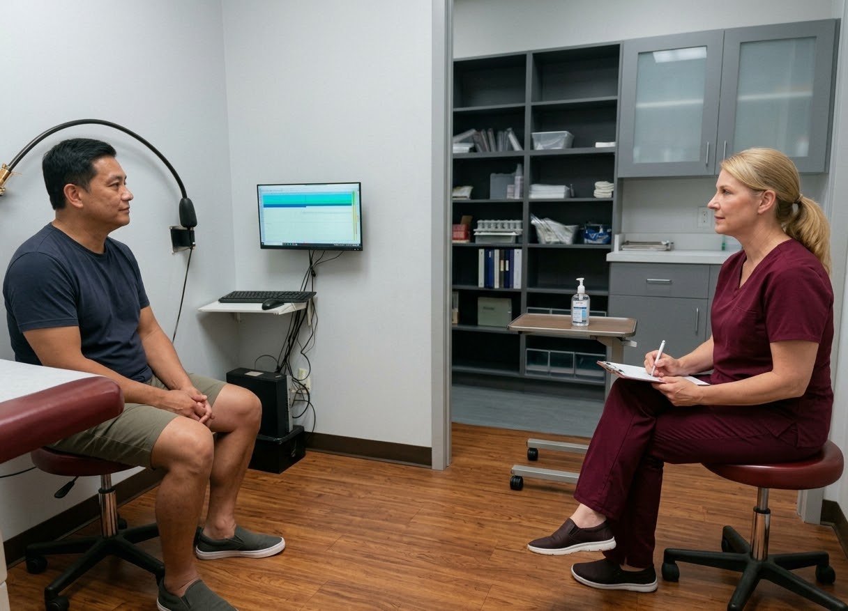 Physician examining a male patient in an exam room at Earl Bales Walk-in Clinic