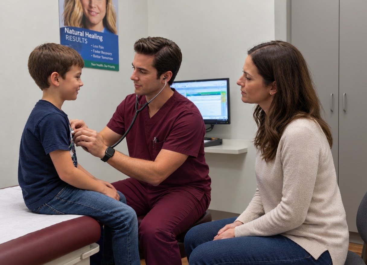 Physician examining a child alongside their mother, family and pediatric care at Earl Bales Clinic