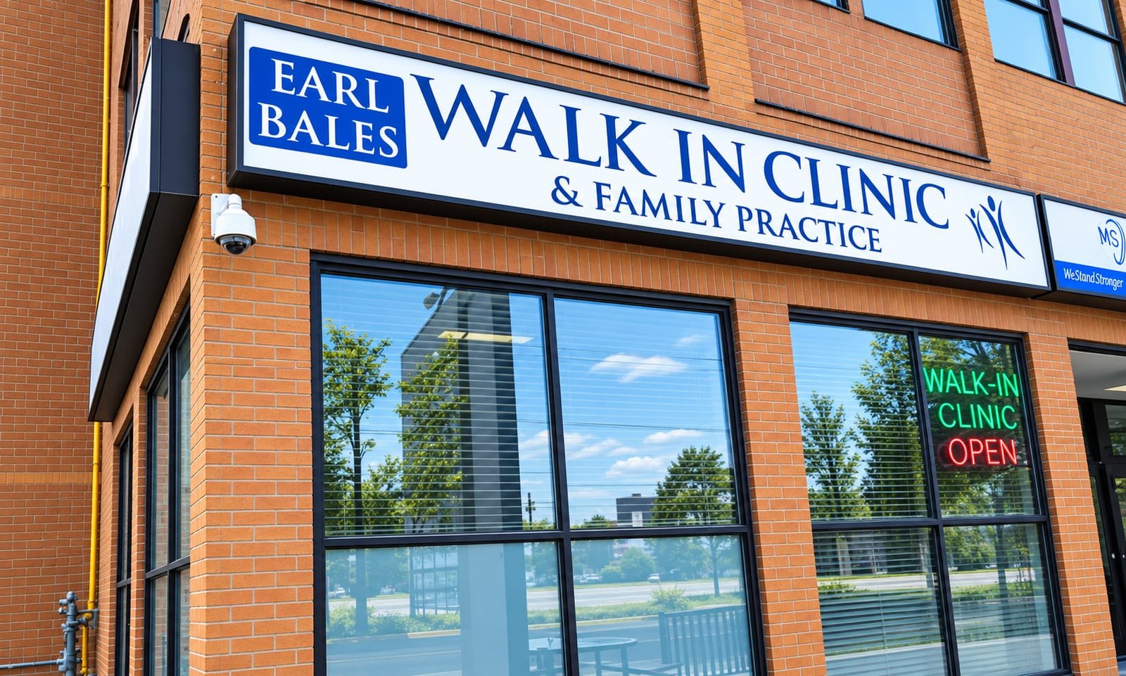 Exterior of Earl Bales Walk-in Clinic with illuminated Walk-in Clinic Open sign, 4256 Bathurst St North York